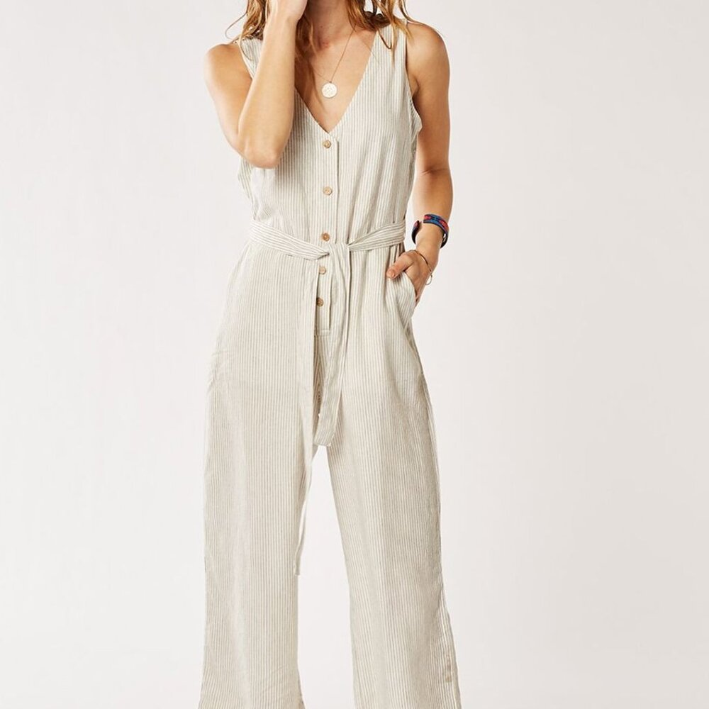 Carve Designs Bonfire Jumpsuit in Cloud Pinstripe White M